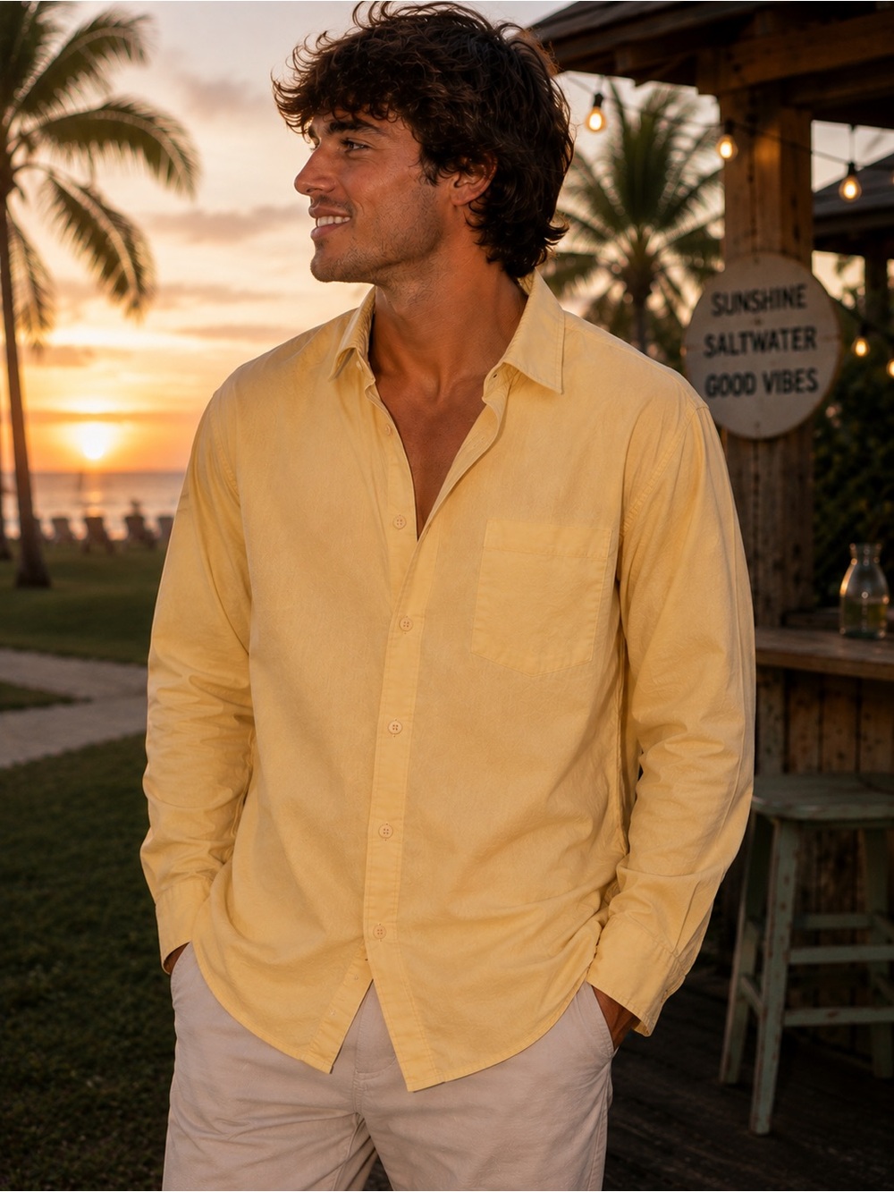 Tommy Bahama Men's XL Yellow Embroidered Palm Tree Long Sleeve Button Up Shirt